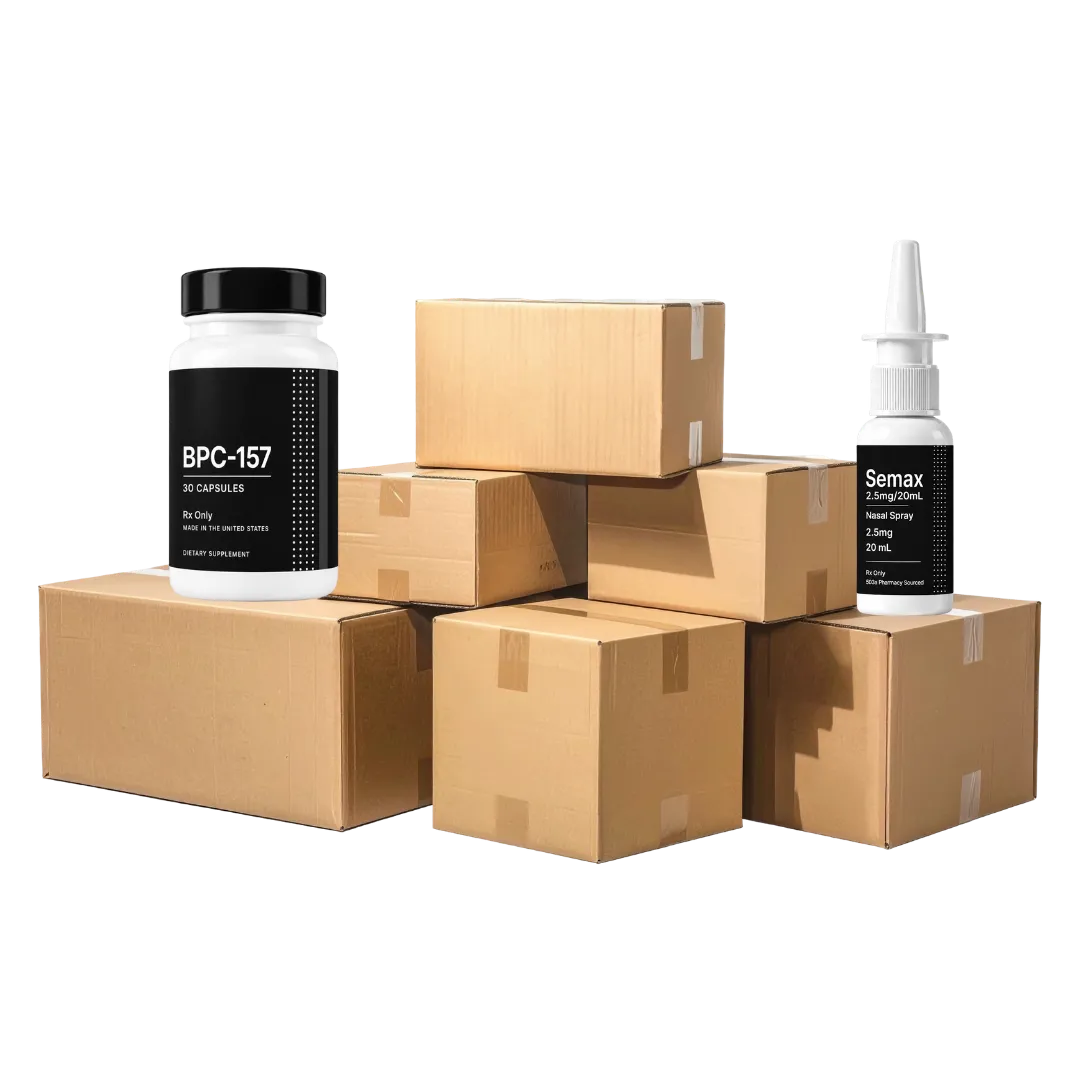 Vita Nova Vitality products packaged for shipping including BPC-157
